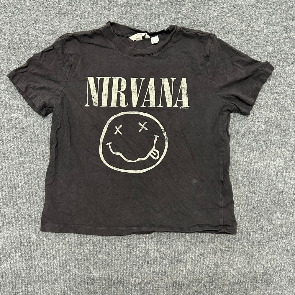 H&M T-Shirt Womens Size S Black Nirvana Smiley Face Graphic Grunge Band Tee